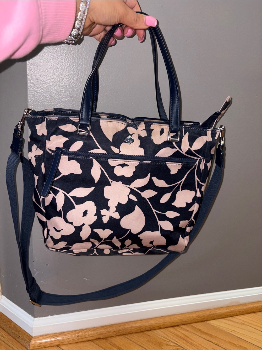 Floral Tote Bag with Removable Strap - Navy & Blush